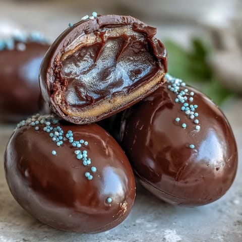 Homemade peanut butter eggs with creamy filling and smooth chocolate coating on a festive platter.
