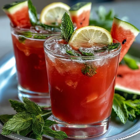 A tall glass filled with chilled Watermelon Mint Lemonade, garnished with fresh mint leaves and a lemon slice, surrounded by watermelon wedges.