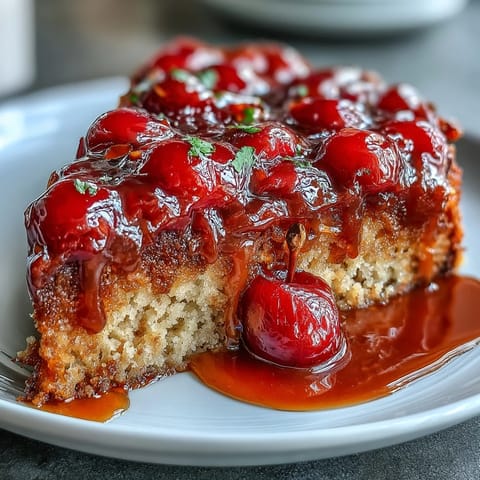 Moist, golden Cherry Almond Upside-Down Cake, brimming with sweet cherries and almonds.