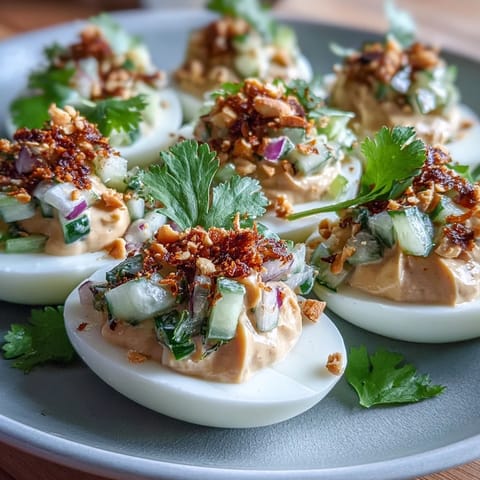 Savor these vibrant Thai Peanut Deviled Eggs, topped with fresh, cool relish.