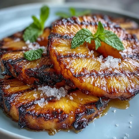 Juicy grilled pineapple slices melting with spicy yuzu kosho butter on a grill.