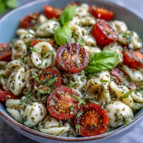 Fresh Caprese Pasta Salad featuring bright pesto, cherry tomatoes, and mozzarella.
