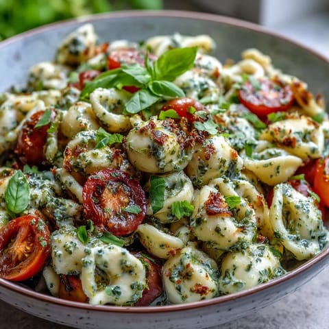 Vibrant Caprese Pasta Salad with juicy tomatoes and creamy mozzarella pearls.