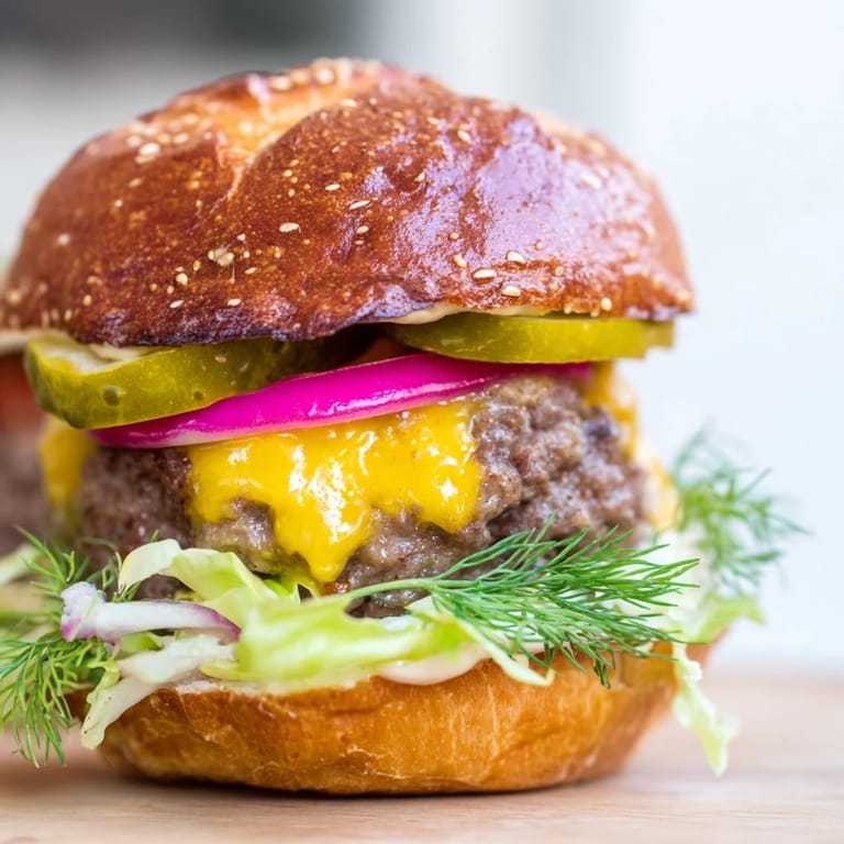 Close-up view of mini burgers with special sauce drizzle, dill pickles, and toasted buns, ideal for a quick weeknight dinner.