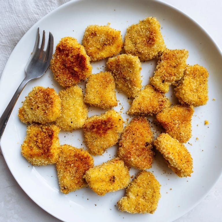 A close-up of crunchy panko-coated chicken nuggets fresh from the fryer, steaming and golden brown.