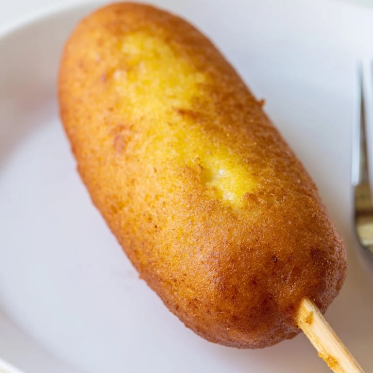 Eight freshly fried corn dogs on wooden sticks, served upright in a glass rack, evoking classic American fairground nostalgia.