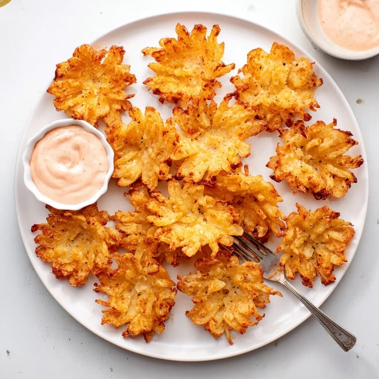 Crisp, beer-battered Onion Petals with a colorful, smoky spicy dipping sauce, ready to serve hot.