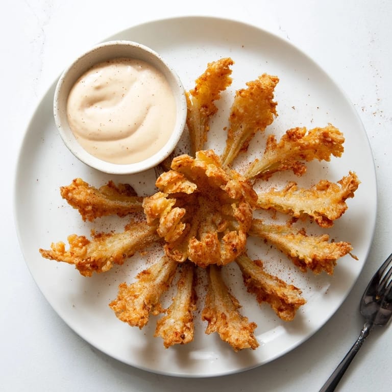 Slice of a Blooming Onion pull-apart appetizer revealing fluffy interior and crispy batter, with a tangy dip and parsley garnish.