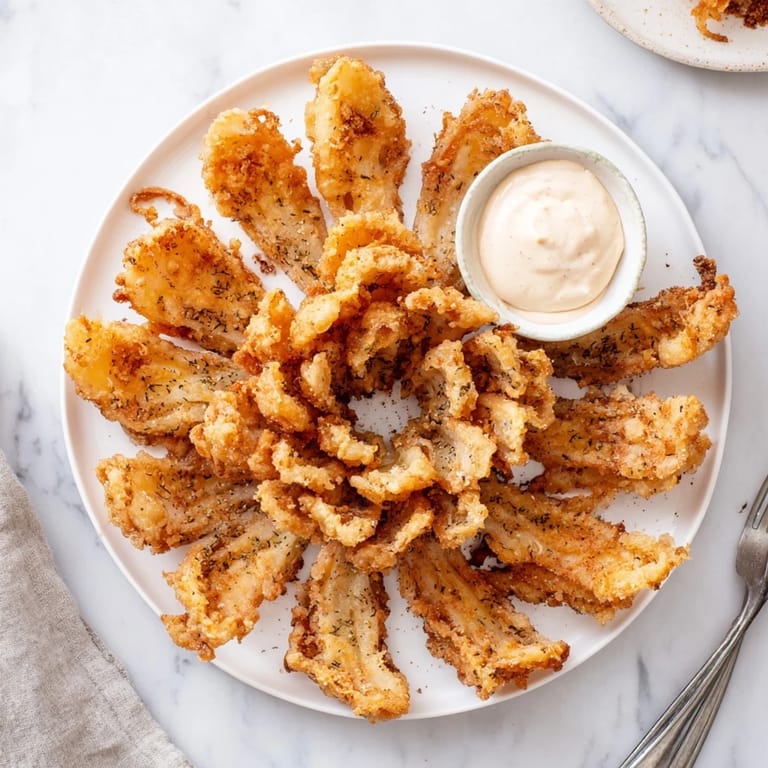 Blooming Onion being dipped into a zesty sauce, showcasing golden fried petals on a plate beside a cold beverage.