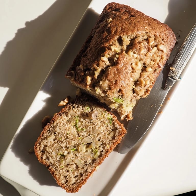 Golden-brown Zucchini Bread loaf baked in a loaf pan, topped with crunchy pecans and ready for breakfast slicing.