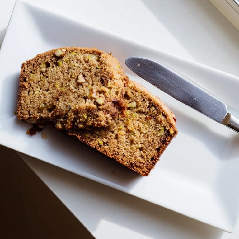 Warm slice of Zucchini Bread with melted butter on a plate, revealing tender shreds of zucchini and cinnamon spices.