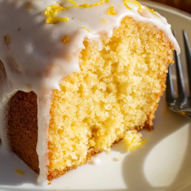 A freshly glazed Lemon Pound Cake rests on a wire rack, sweet drizzle dripping down the sides over fresh lemon zest. 