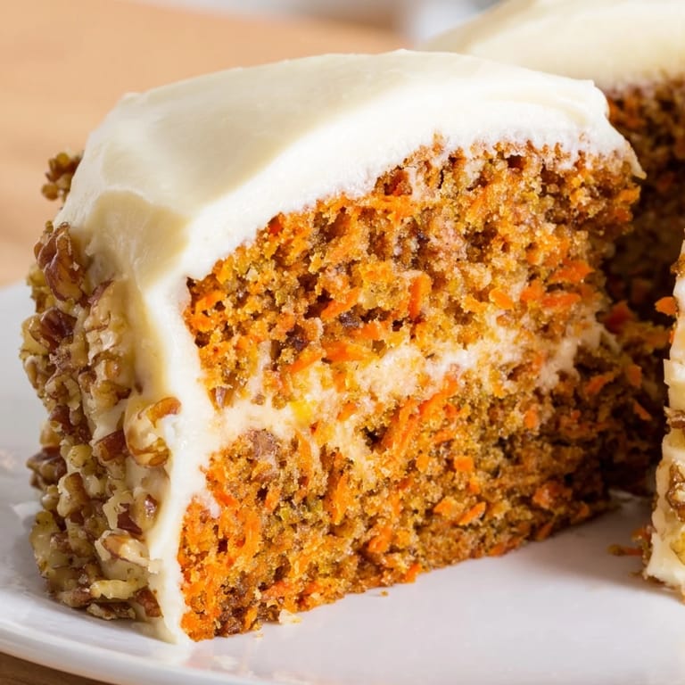 A rustic Carrot Cake garnished with shredded carrots and nuts, showcasing its tender crumb and fluffy vanilla frosting.
