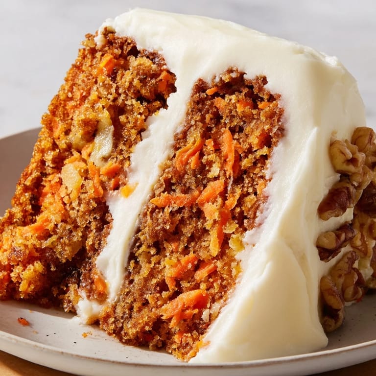 Slices of moist Carrot Cake layered with rich cream cheese frosting and toasted pecans, perfect for a classic American dessert.