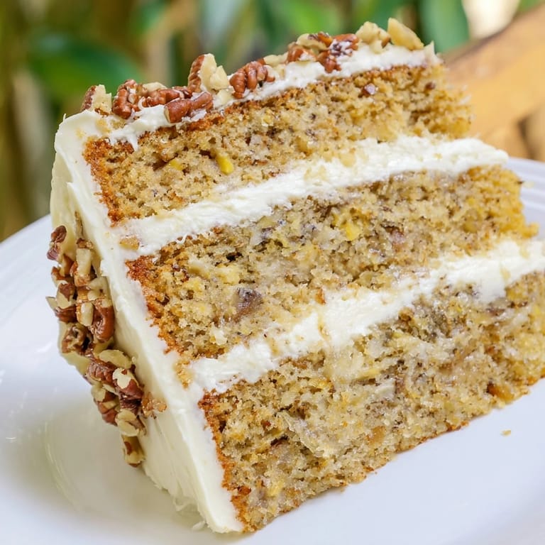 A close-up of frosted Hummingbird Cake slices shows cream cheese icing and crushed pineapple garnish. 