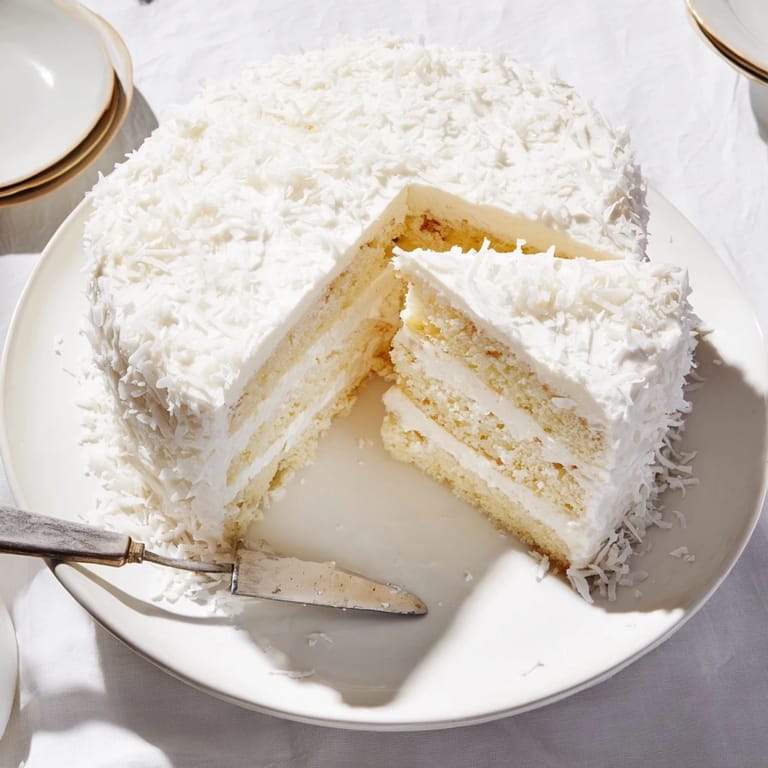 Moist coconut cake with white meringue frosting and toasted coconut flakes, plated with a slice ready to enjoy.