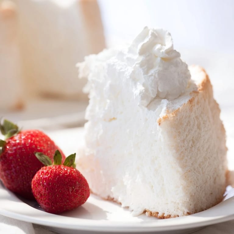 Homemade Angel Food Cake with light, fluffy texture, served with strawberries and a drizzle of sauce.
