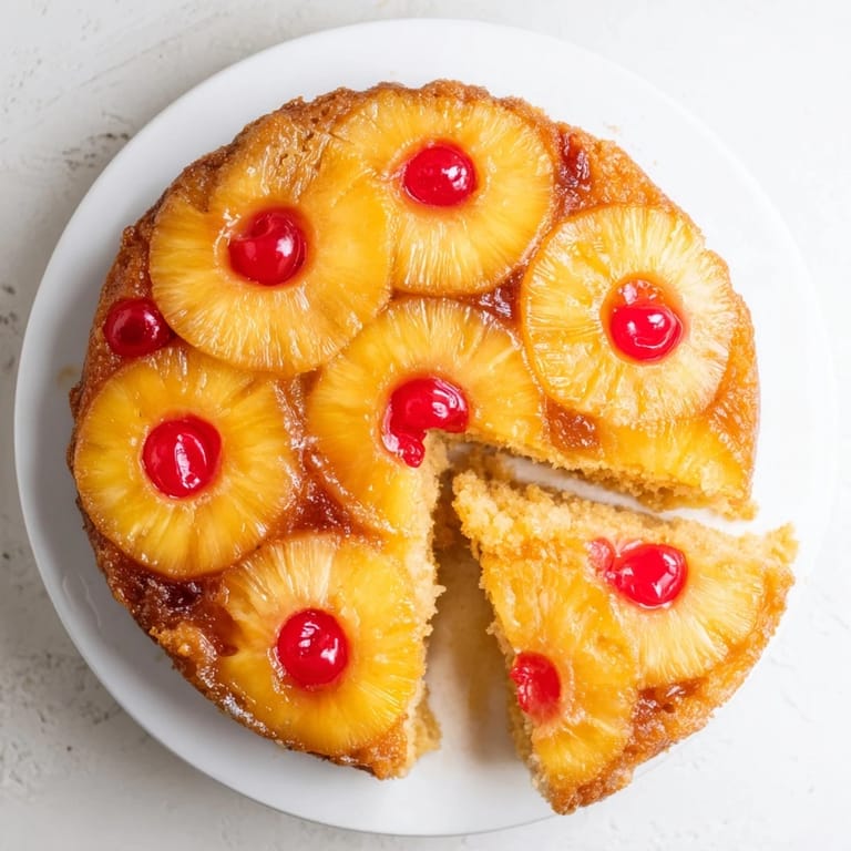 Moist slice of Pineapple Upside-Down Cake served on a white plate, showing sticky brown sugar glaze and tender crumb.