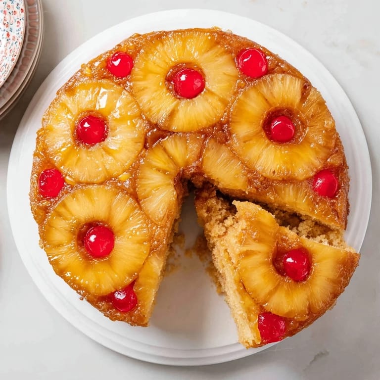 Classic Pineapple Upside-Down Cake with golden pineapple rings and cherries, served warm with a scoop of vanilla ice cream.