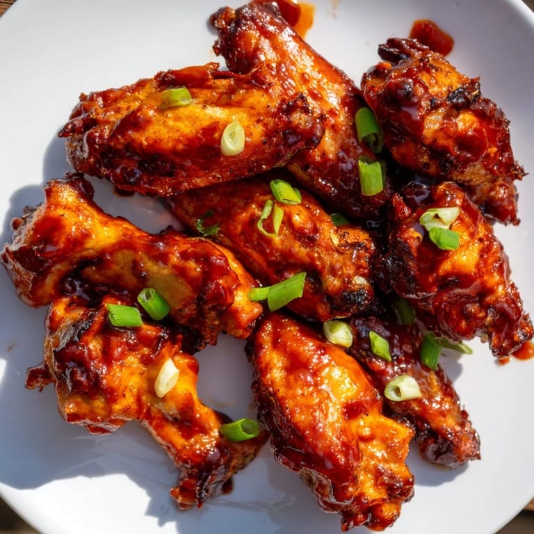 Freshly baked Honey BBQ Chicken Wings garnished with green onions, perfect for game day snacking.