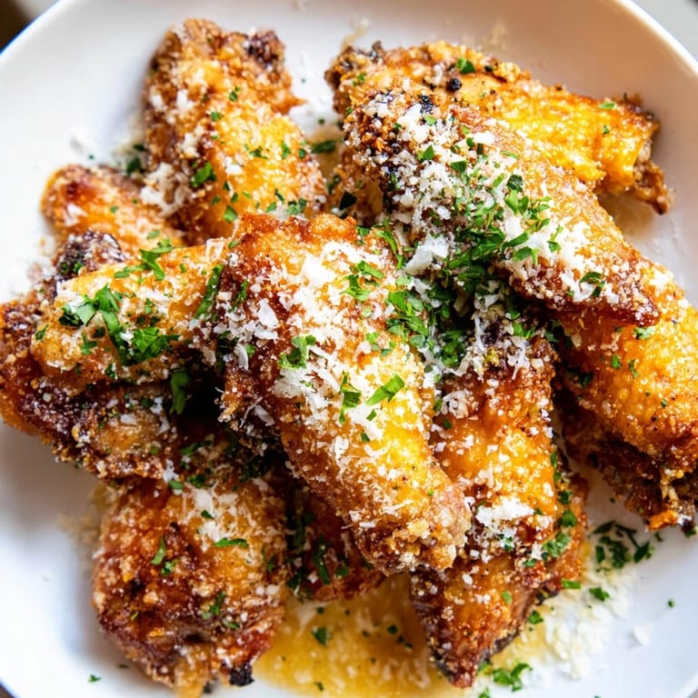 Golden Garlic Parmesan Wings plated for an appetizer, garnished with fresh parsley and a wedge of lemon.