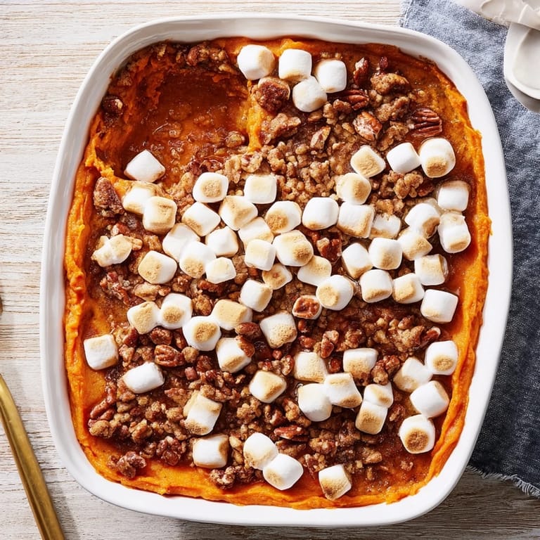 Baked Sweet Potato Casserole with a crunchy, buttery pecan streusel topping and sweet orange flesh.