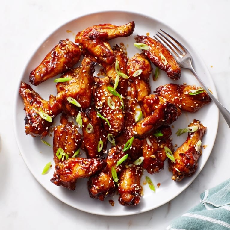 A serving platter of Asian Sticky Wings garnished with green onions and sesame seeds, ready to eat at a party.