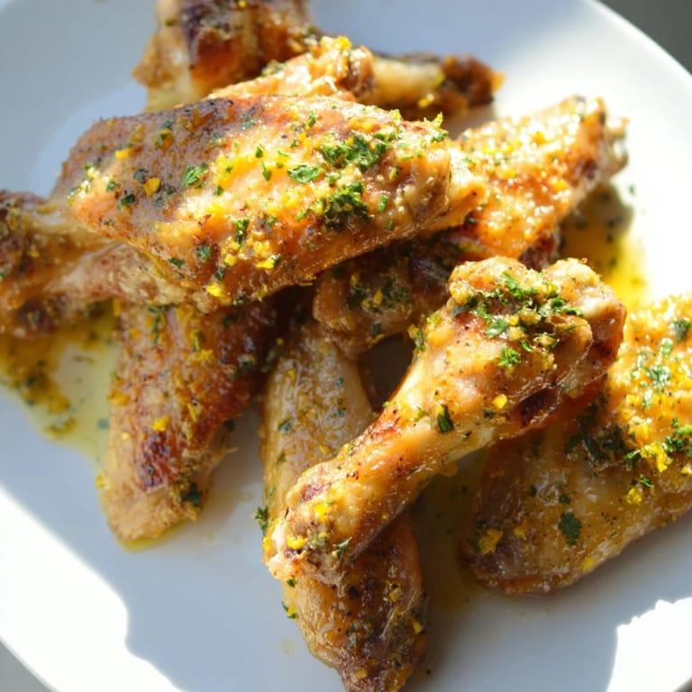 Freshly baked Lemon Pepper Wings glistening with butter and lemon-pepper seasoning on a wire rack.