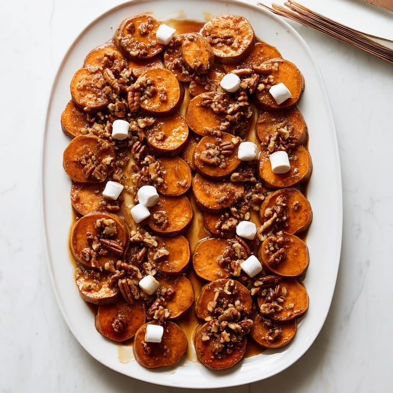 A close-up of tender Candied Yams topped with toasted pecans, ready for a holiday feast.