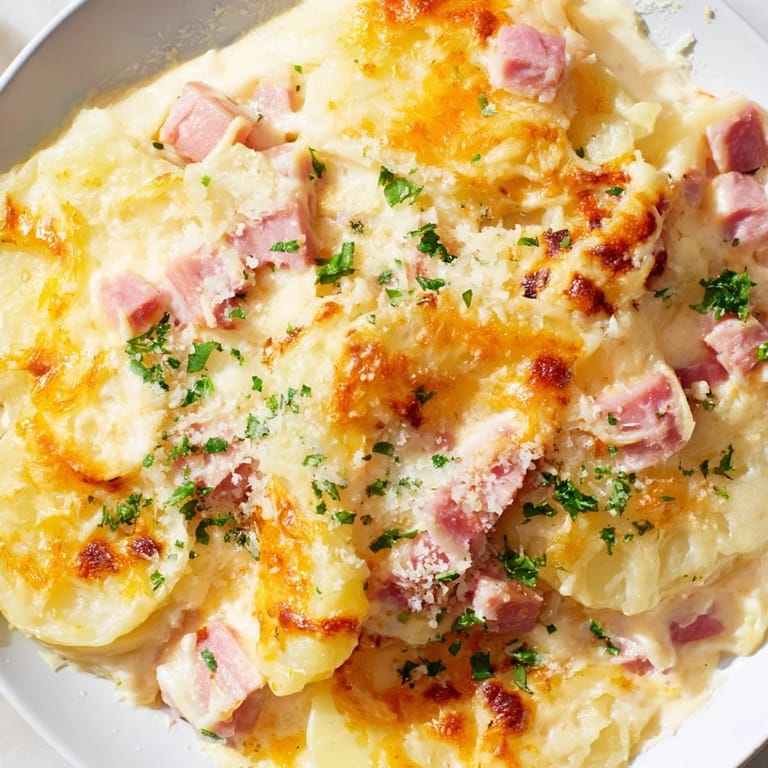 Sliced Yukon Gold potatoes layered with diced ham in a rich cheddar and Gruyère sauce.