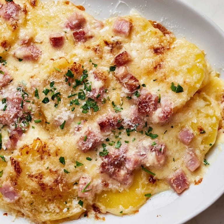Family-style casserole dish of Scalloped Potatoes with Ham, garnished with fresh parsley.