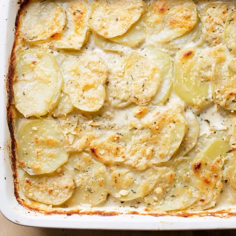 Freshly baked Au Gratin Potatoes served warm beside green salad, perfect for a comforting vegetarian side dish.