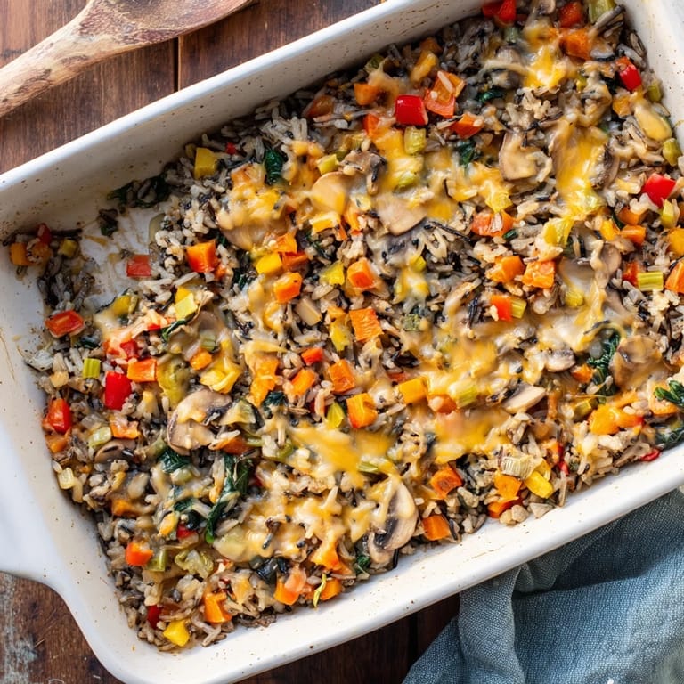 A steaming spoonful of Wild Rice Casserole reveals tender mushrooms, carrots, and spinach in a savory broth.