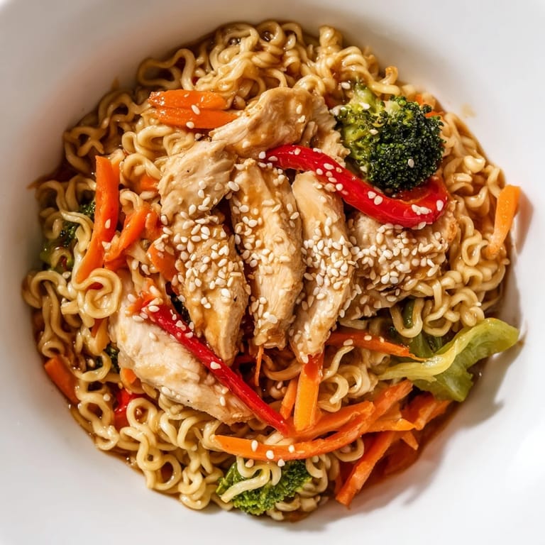 Fork lifting a bite of Spicy Ramen Stir-Fry with tender chicken and vibrant carrots, ready to serve.