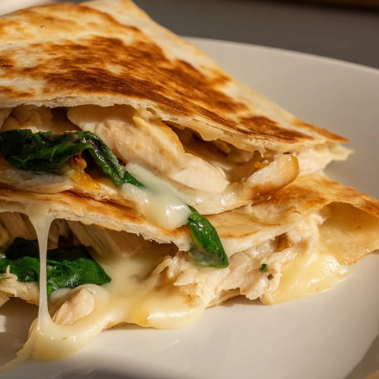 A close-up of a Chicken and Spinach Quesadilla, revealing juicy chicken pieces and wilted spinach tucked inside the golden crust.