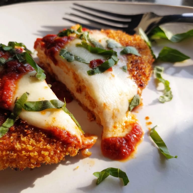 A handheld Crispy Chicken Parm Wrap on a white plate, golden tortilla with melted cheese, ready to enjoy with a side salad.