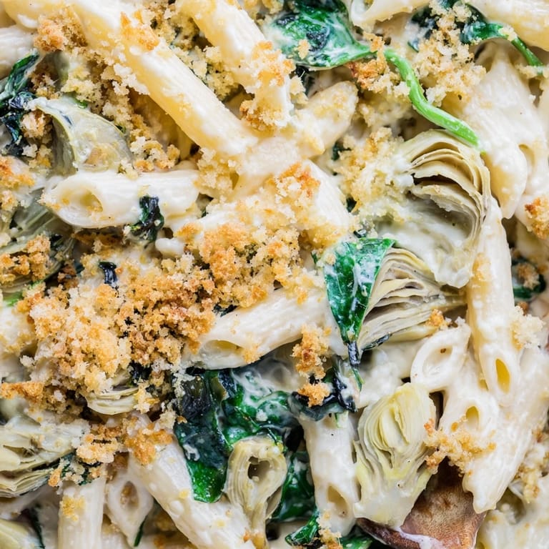 Comforting vegetarian casserole with marinated artichoke hearts and golden breadcrumb topping, ready to serve.  