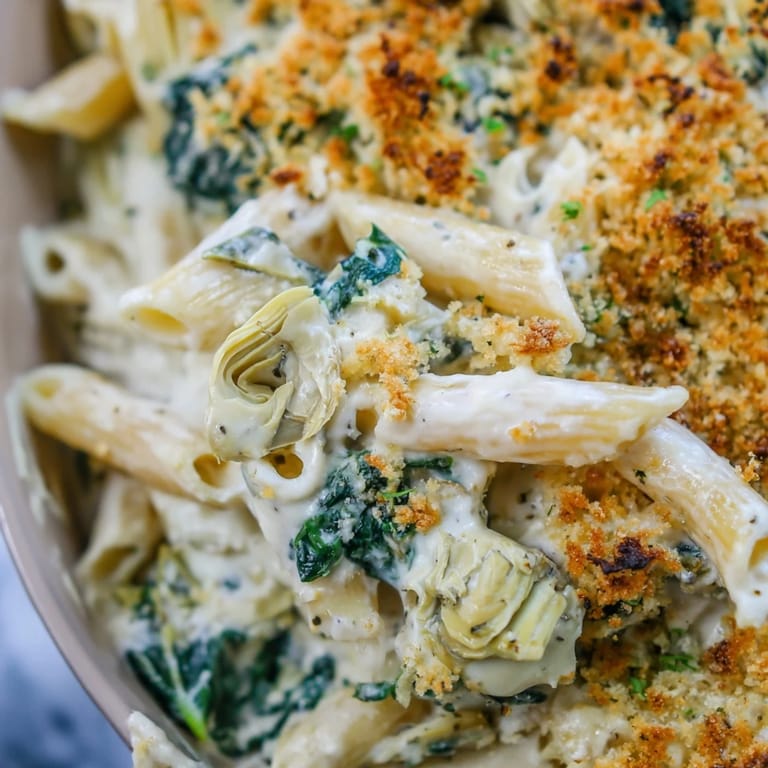 Cheesy Italian-American pasta bake featuring al dente penne and spinach, fresh from the oven.