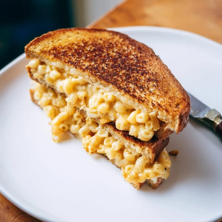 Mac & Cheese Grilled Cheese sandwich sliced to show cheesy pull.