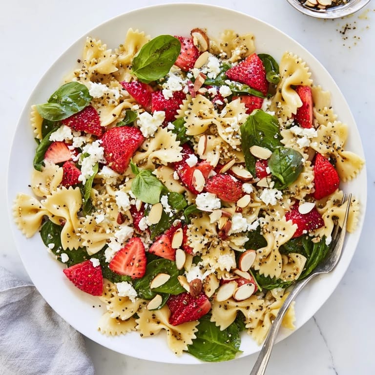 A close-up of a serving shows crumbled feta and basil on top, glistening with tangy poppy seed dressing.  