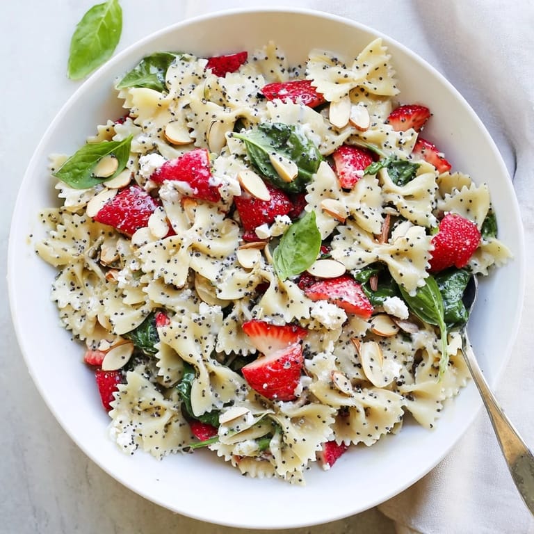 This colorful Spring Spinach Strawberry Pasta Salad is served in a white bowl, perfect for sunny picnics or light lunches.