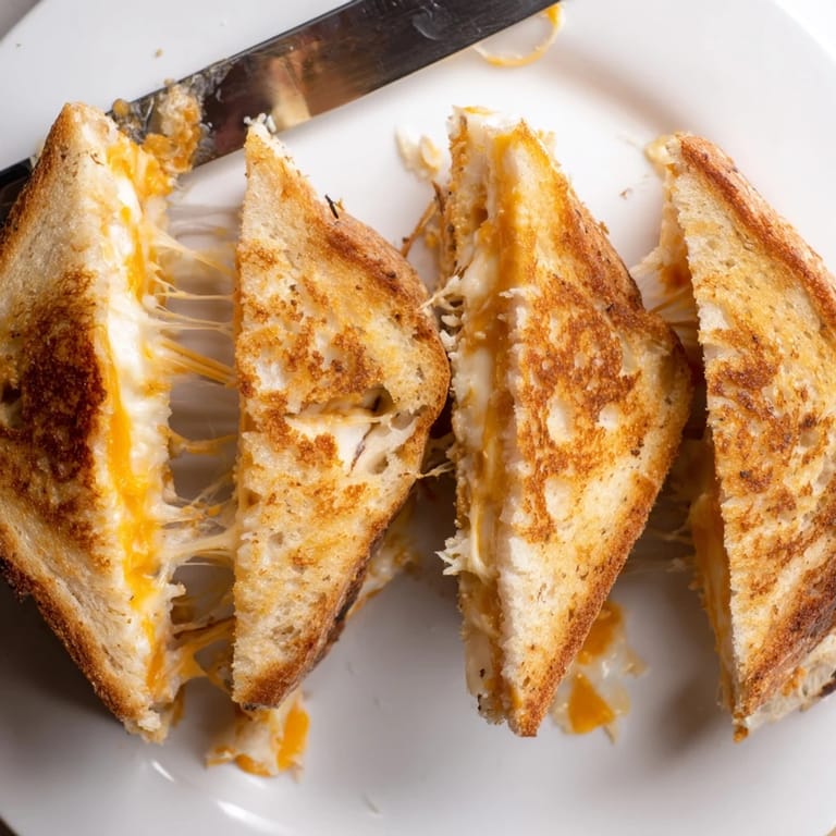 This Triple Cheese Sourdough Grilled Cheese, served with tomato soup, showcases golden-brown, buttery bread and abundant melted cheese.  