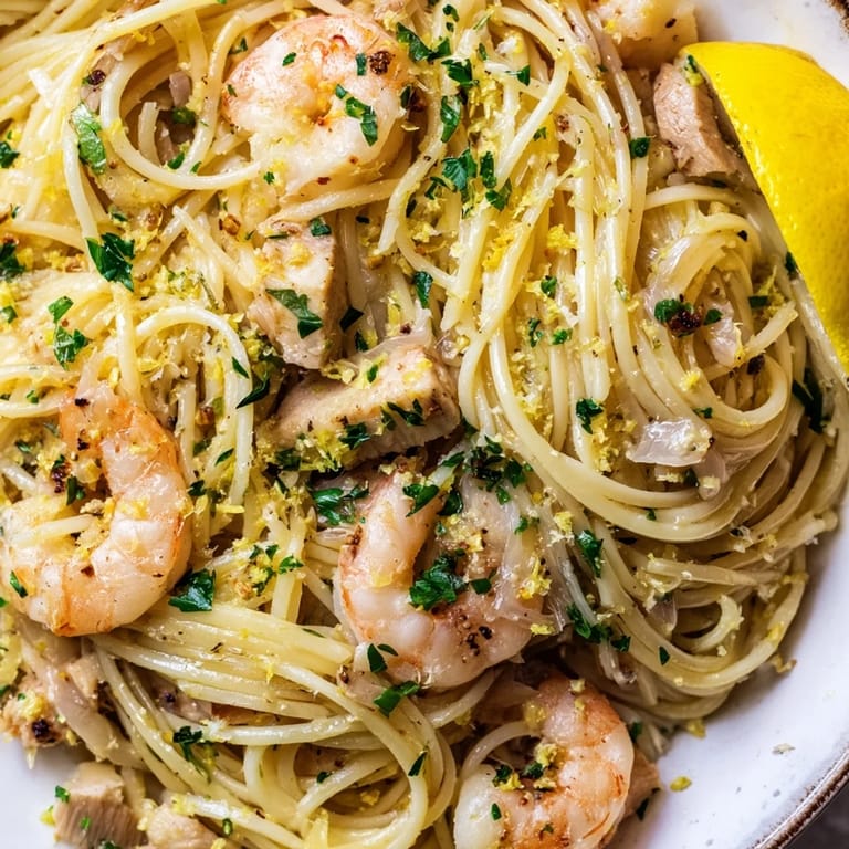 Savory lemon garlic shrimp and chicken pasta served steaming hot, paired with a chilled glass of white wine.