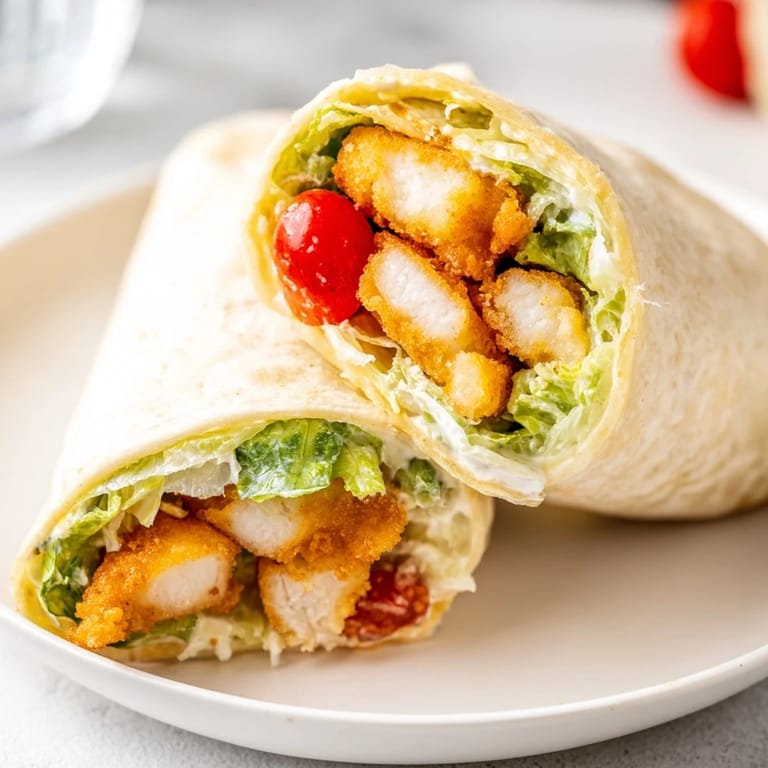 A close-up view of a freshly rolled Hot Honey Chicken Caesar Wrap sliced in half.