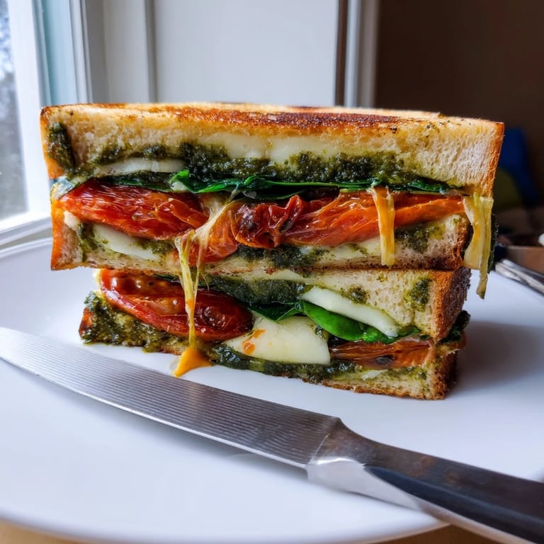 Two halves of a roasted tomato pesto grilled cheese on a rustic wooden board, beside a small bowl of marinara dipping sauce.
