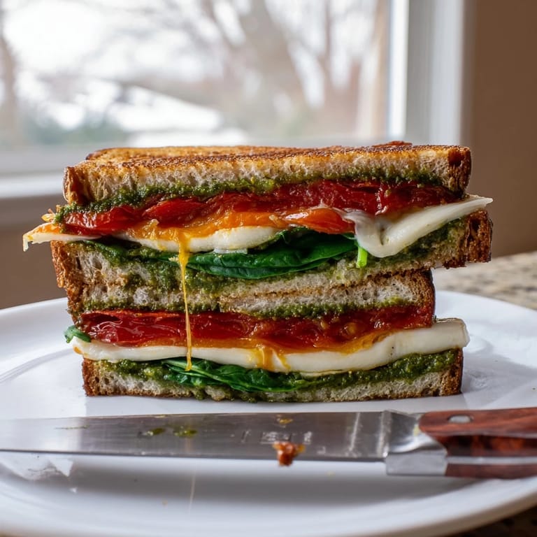 A close-up of the roasted tomato pesto grilled cheese, revealing caramelized tomato slices and vibrant green basil pesto between melted cheese.