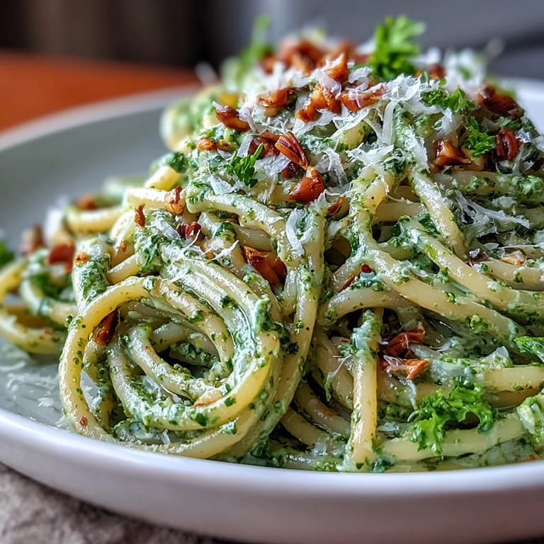 Warm bowl of Creamy Sunflower Seed Pesto Pasta, topped with fresh basil and grated Parmesan.