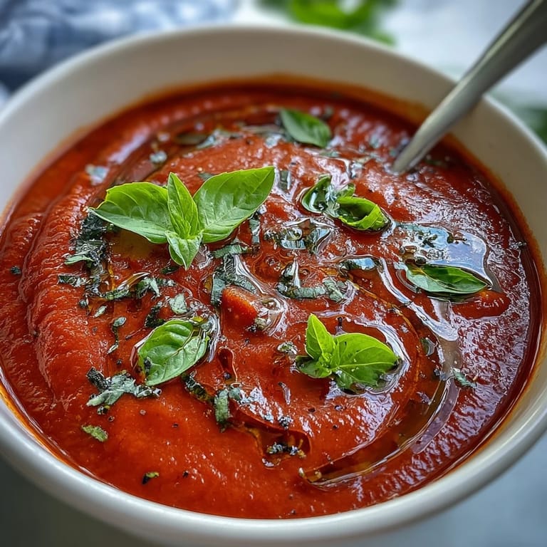 Vibrant red Tomato and Basil Soup, simmered with onions and garlic, finished with cream, ready to serve with a grilled cheese sandwich for dipping.