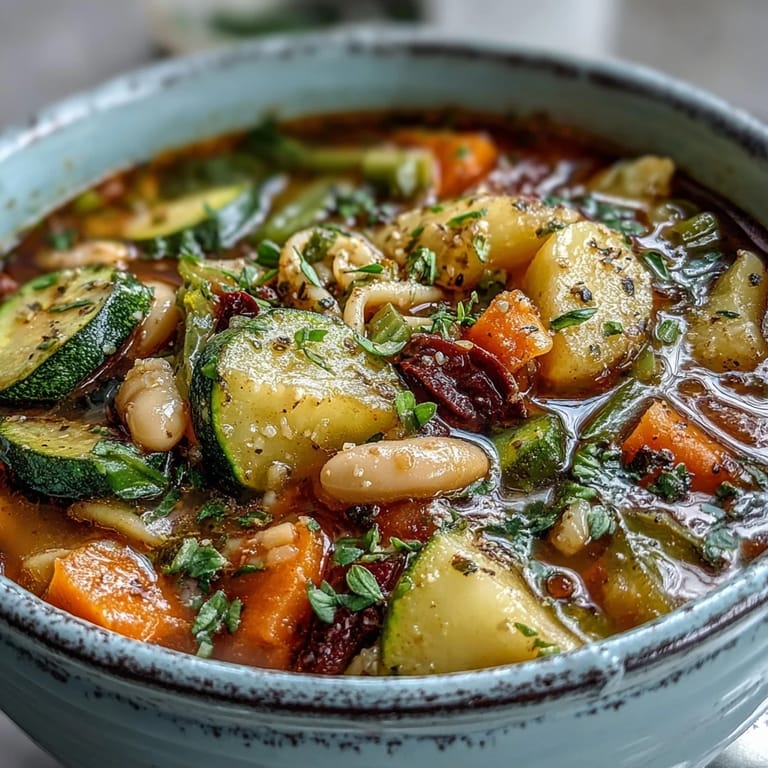 Fresh basil and parsley garnish this steaming Minestrone Vegetable Soup, served with a side of crusty bread for dipping.