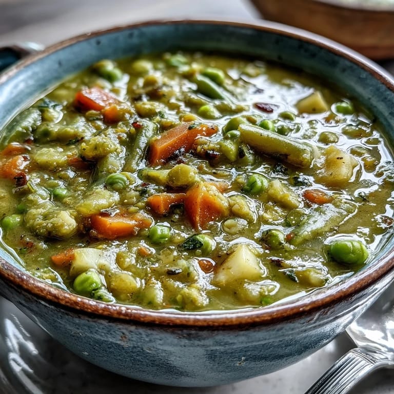 A bowl of creamy Split Pea Soup garnished with fresh thyme and olive oil.  